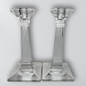 Vintage Aristocrat Pattern Pair Of Clear Glass Tall Tower Candlesticks